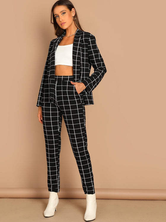 Grid Print Blazer Straight Leg Pants Set