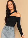 priv Ribbed Cutout Asymmetrical Neck Top