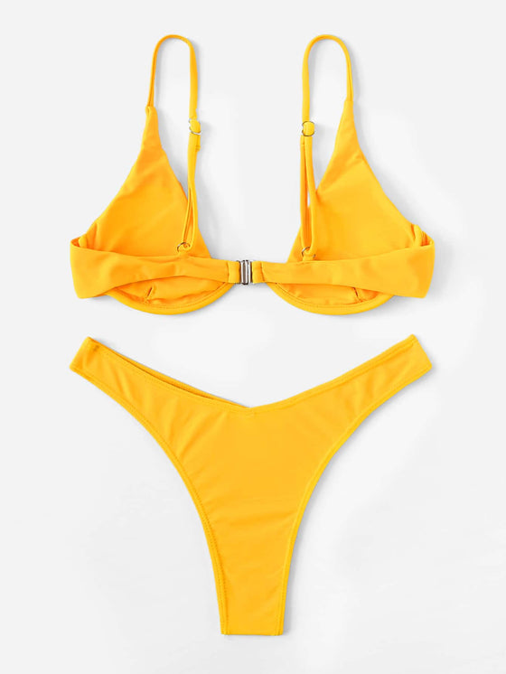 Solid Underwire High Cut Bikini Swimsuit