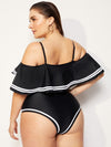 Plus Striped Flounce Bardot One Piece Swimsuit