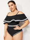 Plus Striped Flounce Bardot One Piece Swimsuit