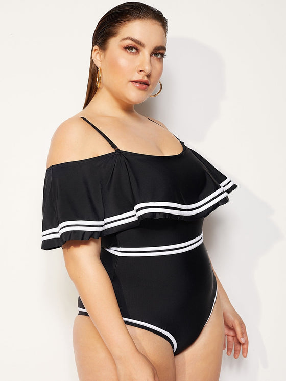 Plus Striped Flounce Bardot One Piece Swimsuit