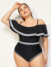 Plus Striped Flounce Bardot One Piece Swimsuit