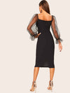 Dot Mesh Flounce Lantern Sleeve Pencil Dress