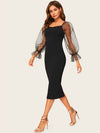 Dot Mesh Flounce Lantern Sleeve Pencil Dress