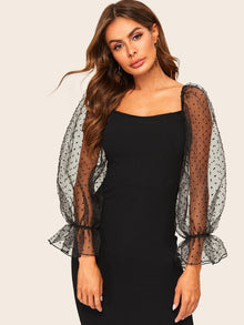  Dot Mesh Flounce Lantern Sleeve Pencil Dress