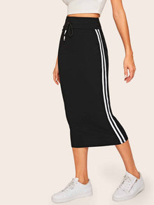  Side Stripe Rib knit Drawstring Waist Skirt