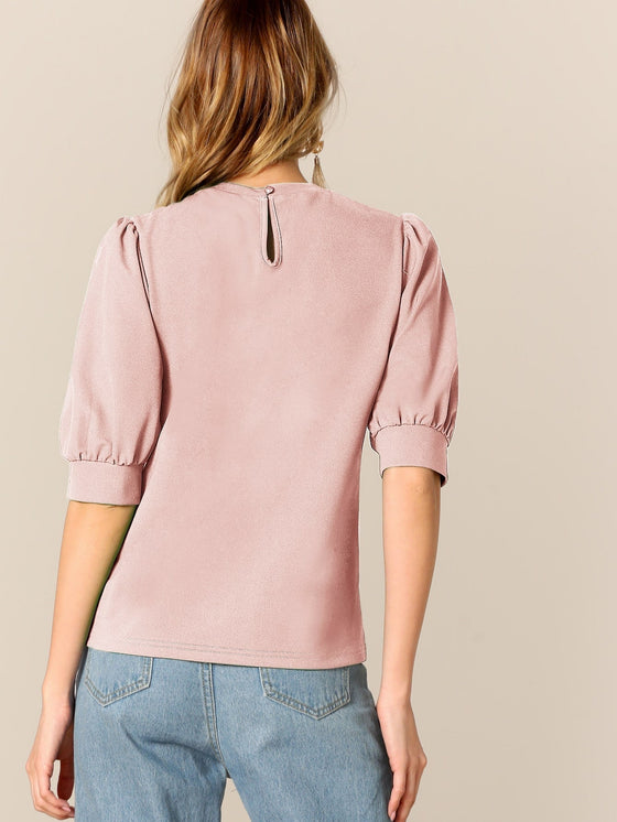 Keyhole Back Mock neck Puff Sleeve Top