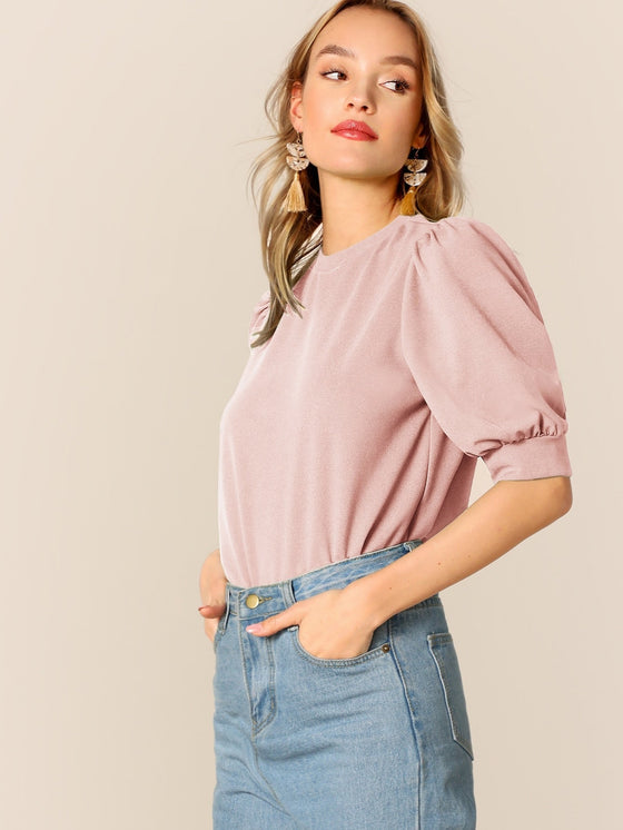 Keyhole Back Mock neck Puff Sleeve Top