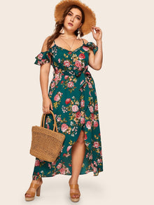  Plus Tulip Hem Ruffle Trim Floral Print Dress