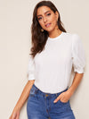 Keyhole Back Mock neck Puff Sleeve Solid Top