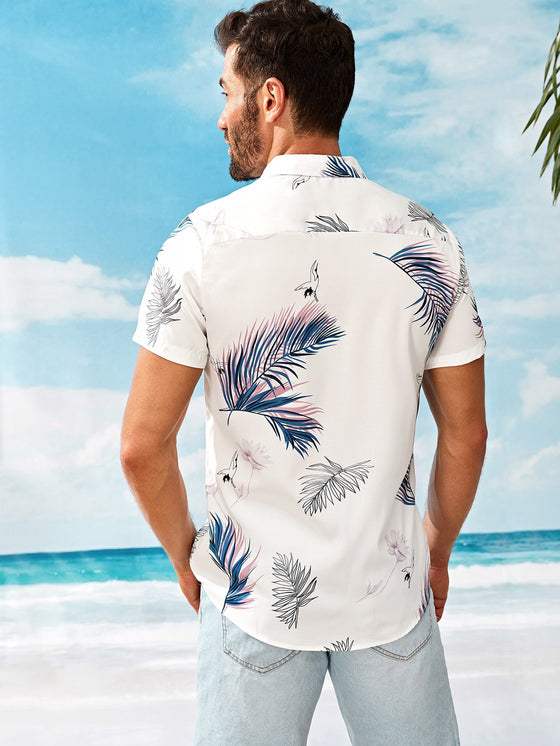 Men Leaf Print Pocket Front Hawaiian Shirt