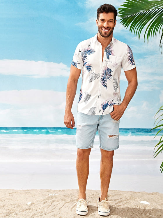 Men Leaf Print Pocket Front Hawaiian Shirt