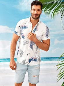  Men Leaf Print Pocket Front Hawaiian Shirt