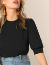 Keyhole Back Mock neck Puff Sleeve Top