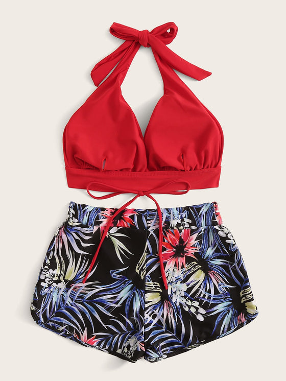 Halter Tropical Shorts Bikini Swimsuit