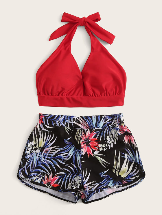 Halter Tropical Shorts Bikini Swimsuit