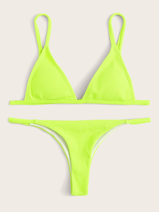 Neon Lime Ribbed Triangle Bikini Swimsuit