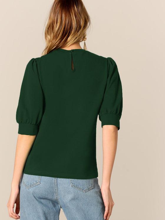 Keyhole Back Mock neck Puff Sleeve Top