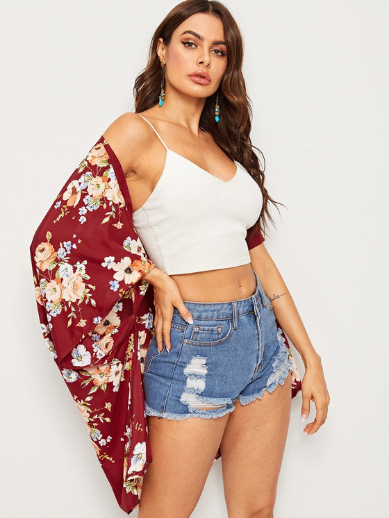 Open Front Floral Print Kimono