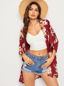  Open Front Floral Print Kimono