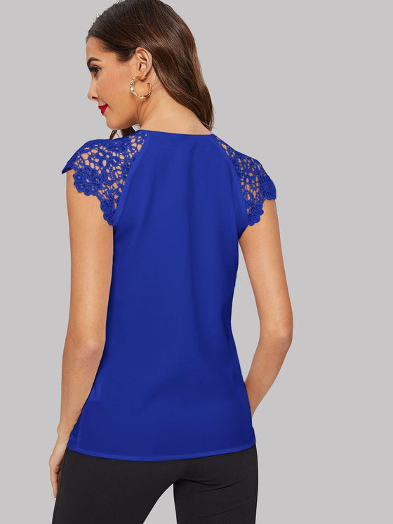 Solid Lace Shoulder Notched Neckline Top