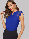 Solid Lace Shoulder Notched Neckline Top