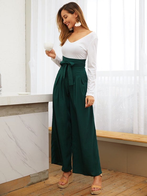 Belted High Waist Wide Leg Pants