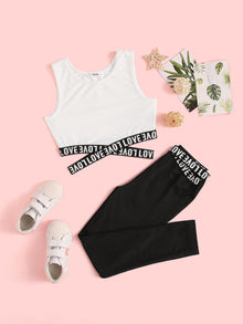  Girls Letter Tape Crisscross Tank Top Leggings Set