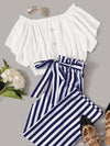 Frilled Button Bardot Top Striped Paperbag Waist Pants Set