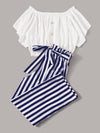 Frilled Button Bardot Top Striped Paperbag Waist Pants Set