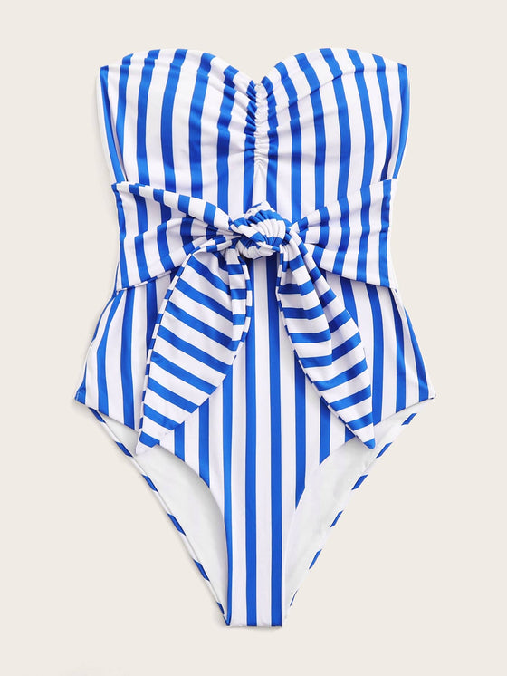 Striped Knot Front One Piece Swimsuit