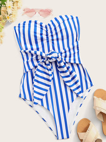  Striped Knot Front One Piece Swimsuit