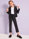 Girls Grid Blazer Tie Waist Pants Set