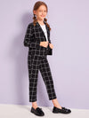 Girls Grid Blazer Tie Waist Pants Set