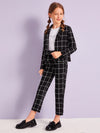 Girls Grid Blazer Tie Waist Pants Set