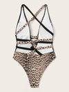 Contrast Leopard Self Tie One Piece Swimsuit