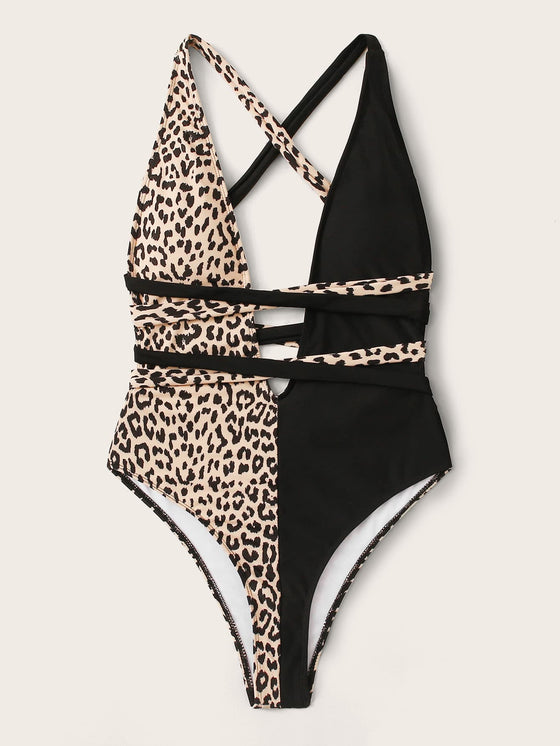 Contrast Leopard Self Tie One Piece Swimsuit