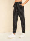 Drawstring Waist Slant Pocket Striped Carrot Pants