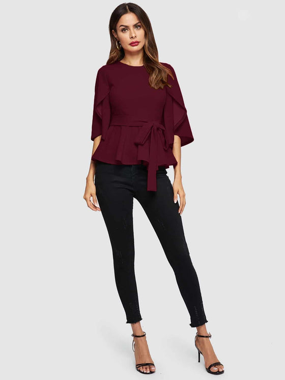 Split Sleeve Belted Peplum Top