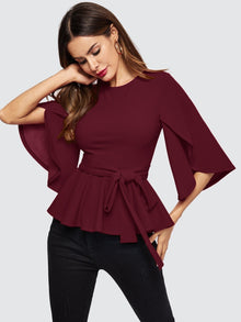  Split Sleeve Belted Peplum Top