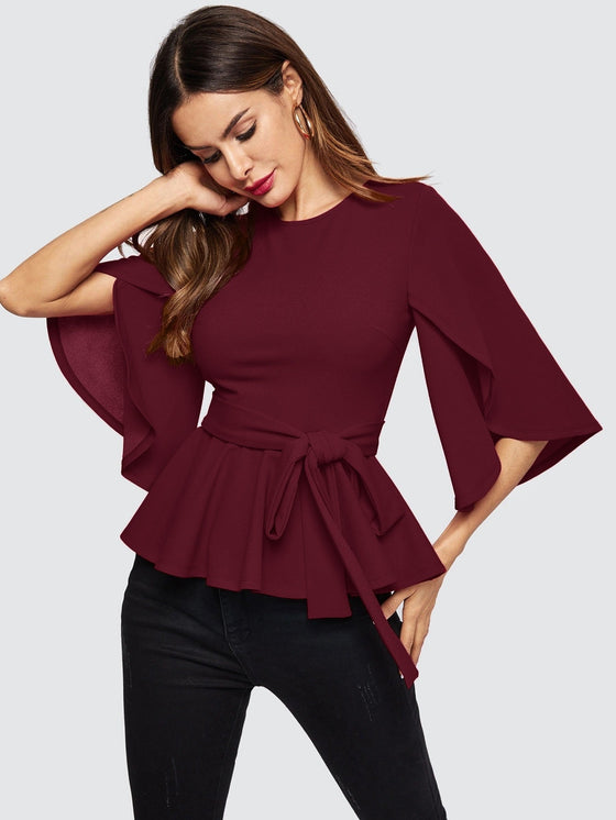 Split Sleeve Belted Peplum Top