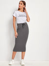 Side Stripe Rib knit Drawstring Waist Skirt