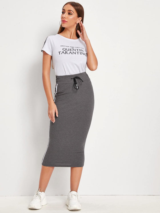 Side Stripe Rib knit Drawstring Waist Skirt