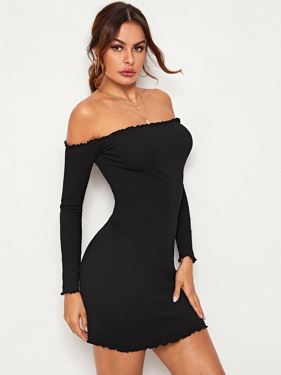 Ribbed Lettuce Edge Bodycon Mini Dress