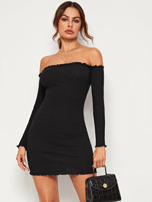  Ribbed Lettuce Edge Bodycon Mini Dress