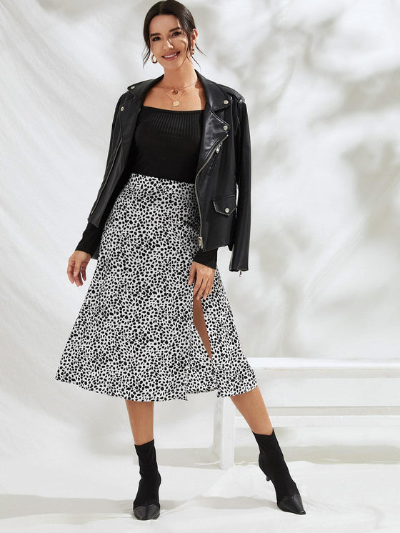 Speckled Print Split Thigh A Line Midi Skirt