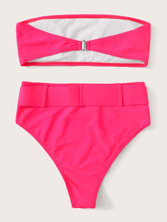 Neon Pink Buckle Belted Bandeau Bikini Swimsuit