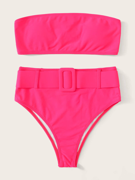 Neon Pink Buckle Belted Bandeau Bikini Swimsuit