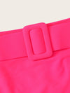 Neon Pink Buckle Belted Bandeau Bikini Swimsuit